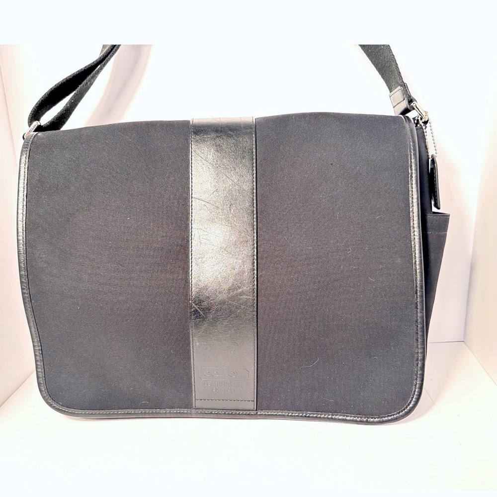 Coach transatlantic messenger bag black canvas with leather strip EUC